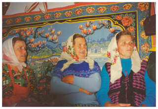 in the house of Eva Hrytsiuk (left), then Olha Hrytsiuk, and Ulyana Kuzlo. Lisove, 1993.